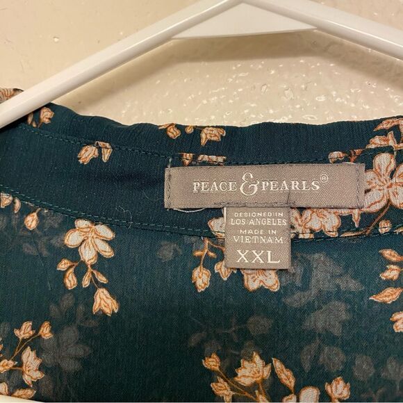 Peace and Pearl dark green micro floral semi sheer button up blouse top plus XXL - Picture 8 of 13